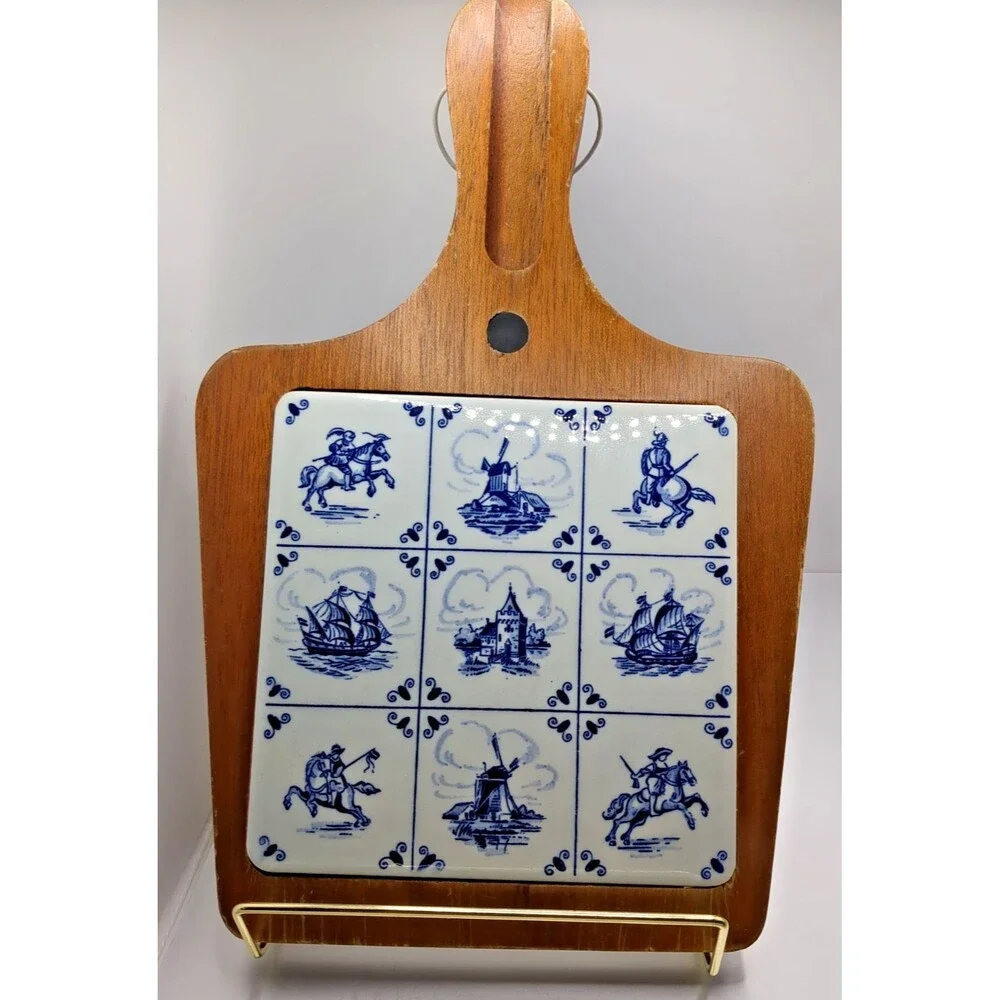 VTG Wood Tile TRIVET Holland Windmill Soldiers Ships w Handle 12.5